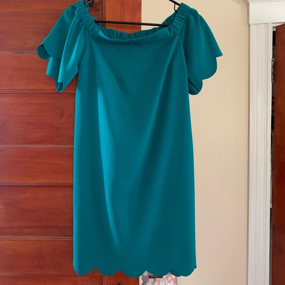 Teal off the shoulder teal scalloped dress